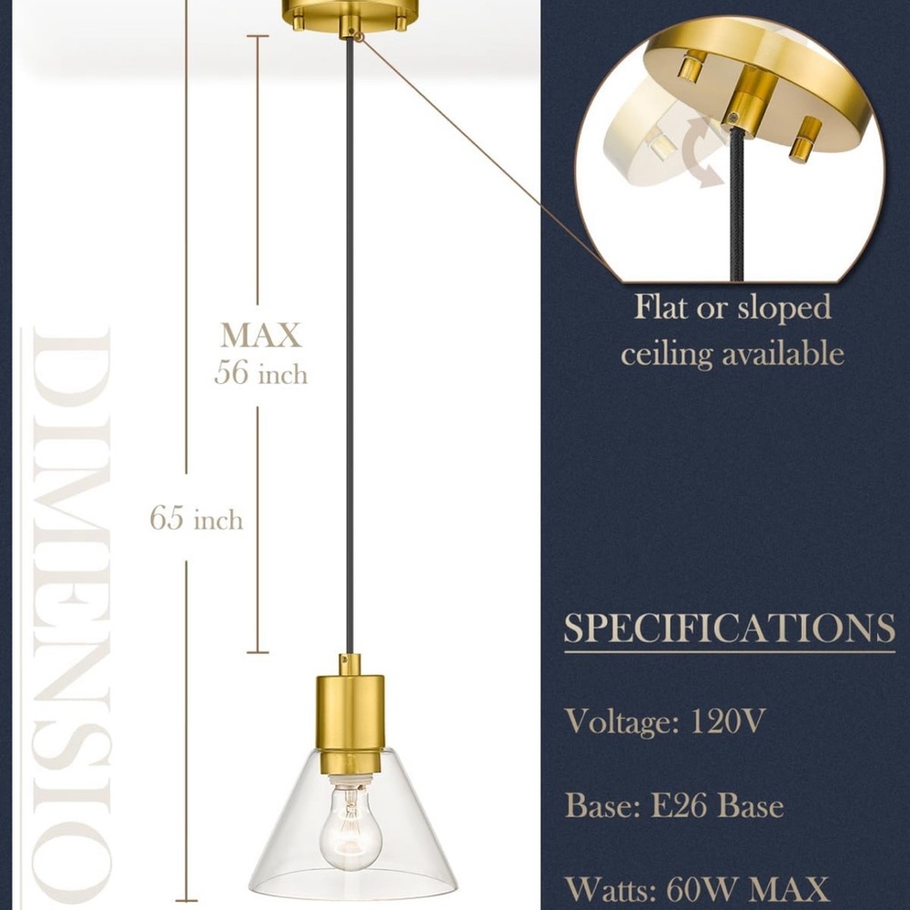 Gold Glass Pendant Light, Modern Kitchen bathroom Clear‎ Glass in Gold Finish - Picture 2 of 3